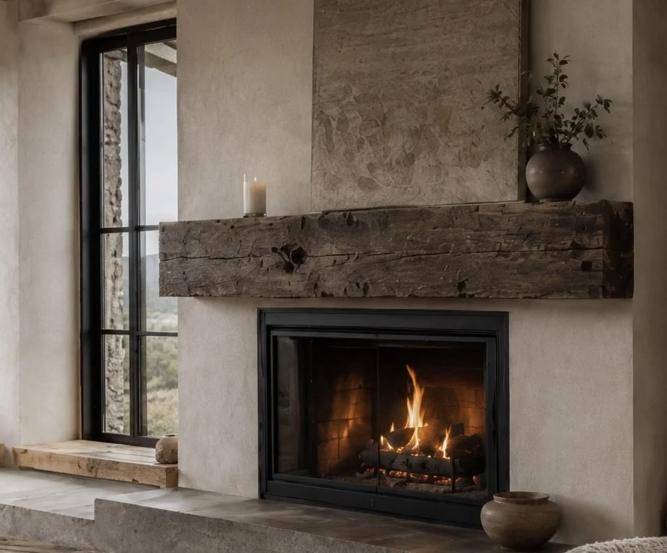 Living room with a fireplace, wooden mantel, candle, ceramic vase with greenery, large window showing outdoor view, and stone accents.