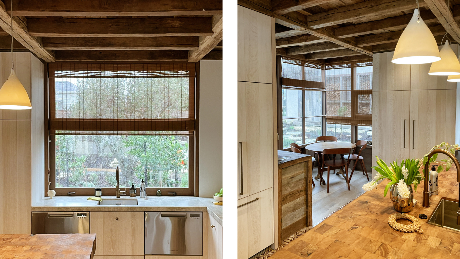 Antique oak kitchen with reclaimed oak ceiling beams, timber island detailing and warm European oak surfaces