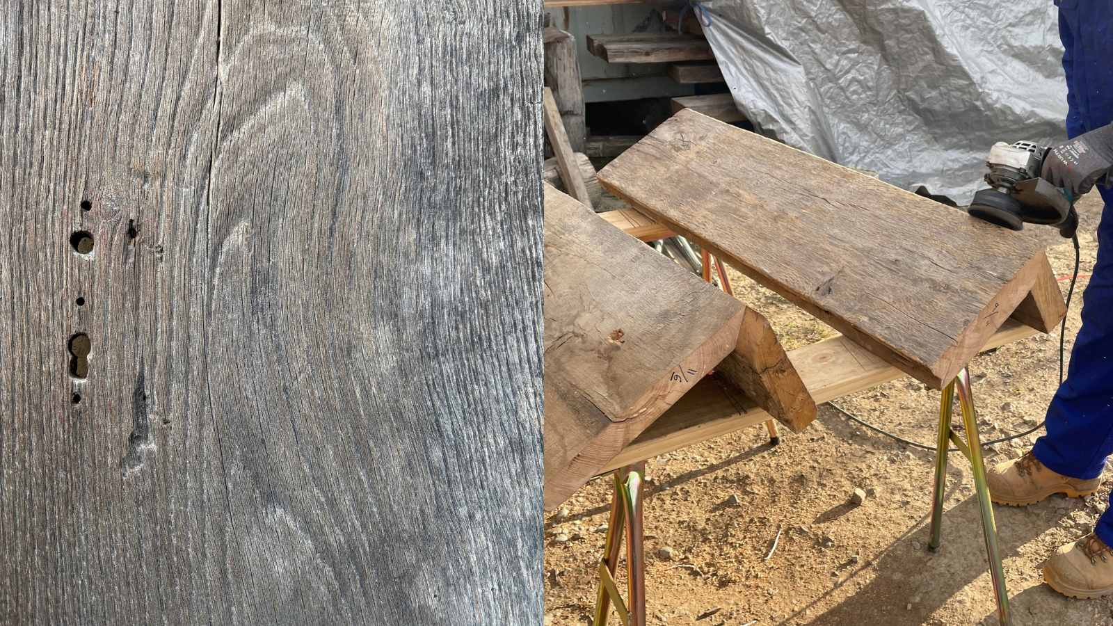 Reclaimed oak with an original keyhole, being reworked into timber for stairs.