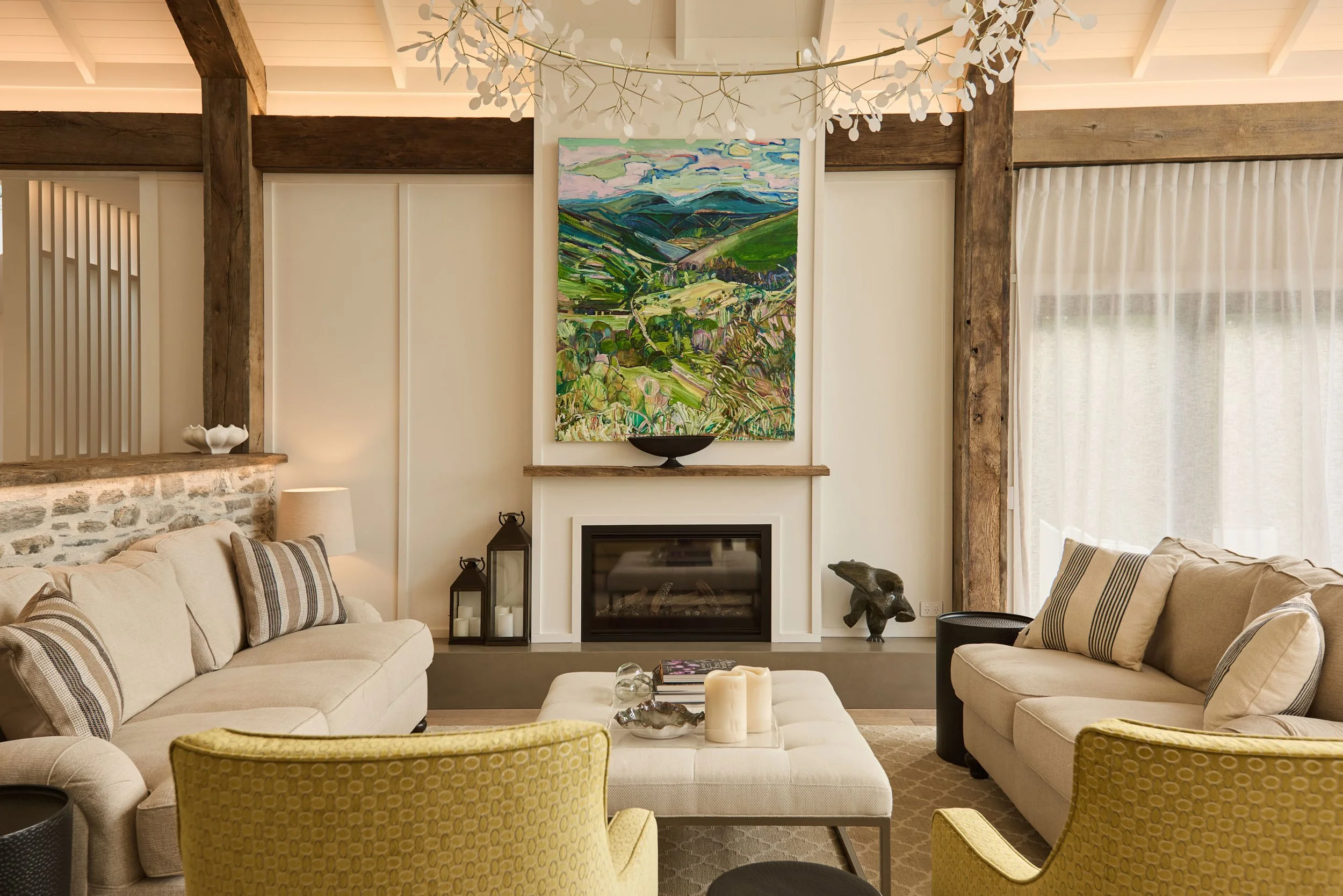 Living room with fireplace mantel, reclaimed oak beams 