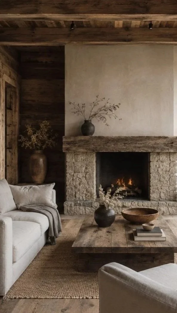 Rustic reclaimed oak fireplace mantel in a warm architectural interior