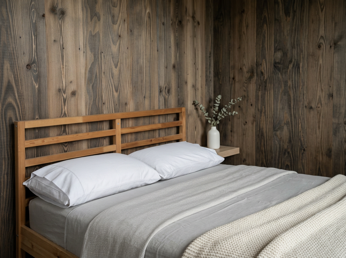 Baltic pine barn boards used as reclaimed timber wall lining in a bedroom