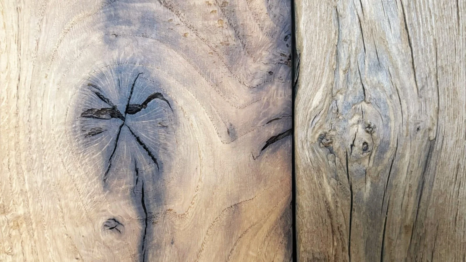 Reclaimed European oak wall lining with natural knots, cracks, aged grain and weathered timber character.