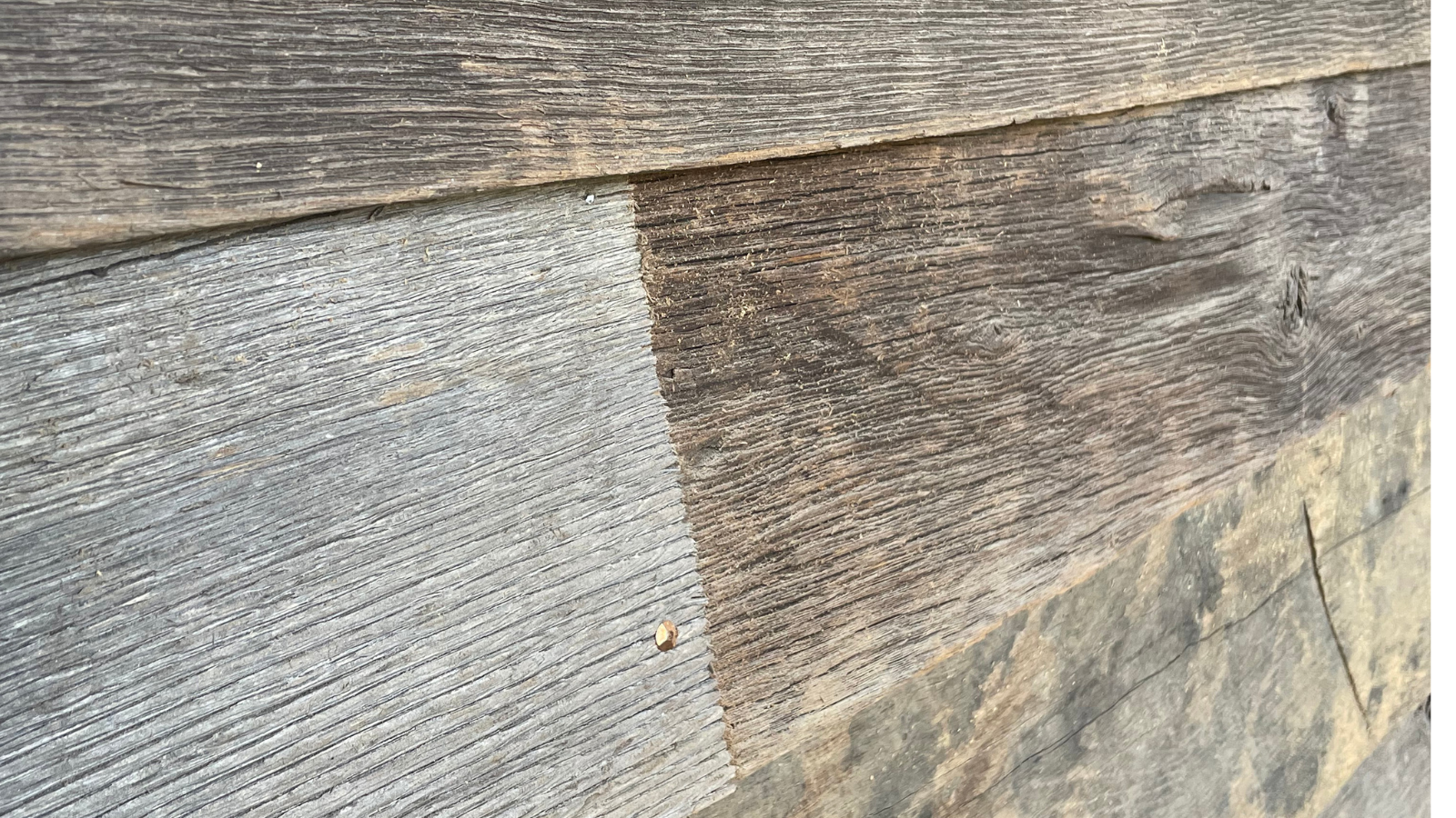 Reclaimed barn wood cladding with naturally weathered texture, grain and tonal variation.