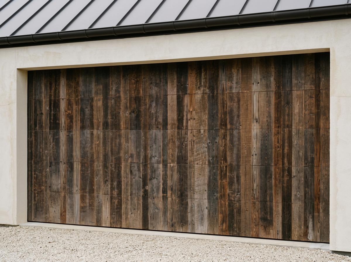 Reclaimed Baltic pine barn boards used as garage door cladding on a contemporary home