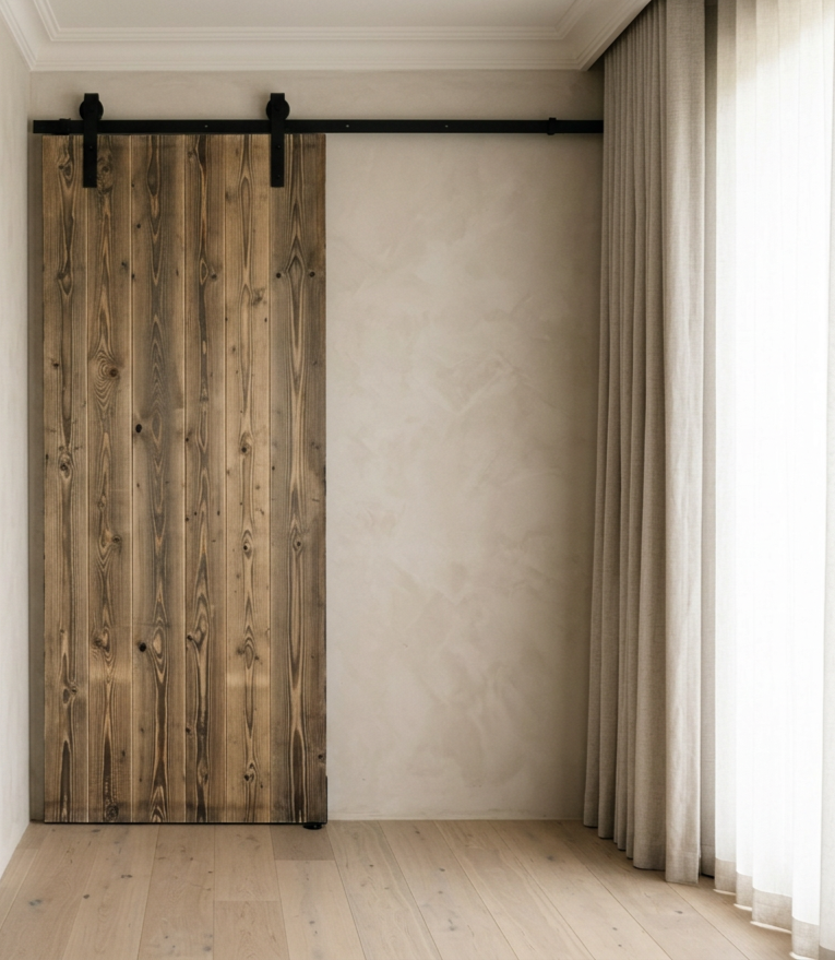 Reclaimed Baltic pine barn boards used for a sliding barn door in a modern interior