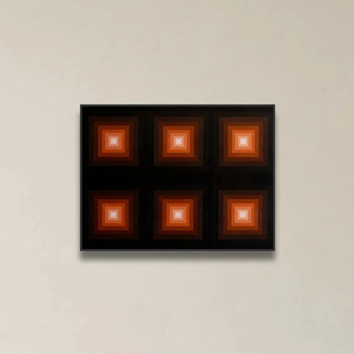 Art piece with six square panels featuring concentric squares in shades of red, orange, and white, mounted on a plain wall.