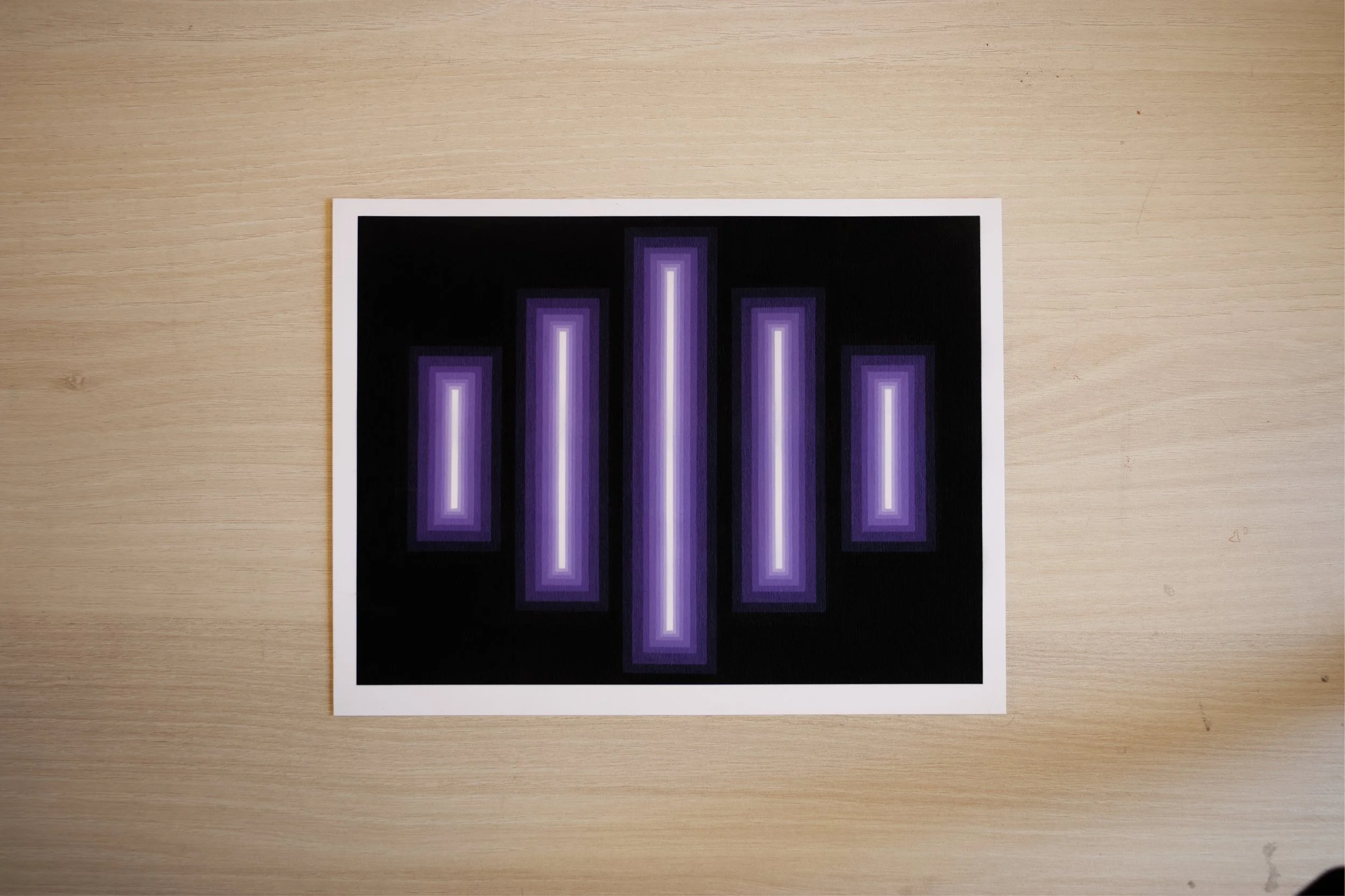 Symmetrical abstract painting composed of varying shades of violet, transitioning from deep purple edges to a light, glowing violet center.jpg