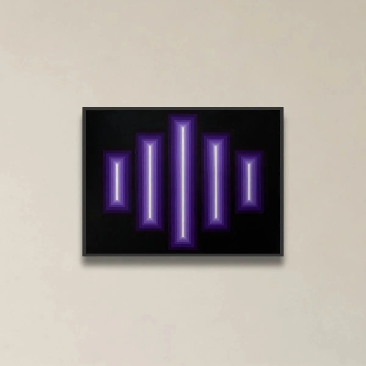 Neon art piece with vertical purple and white bars on a black background, framed and hung on a beige wall.