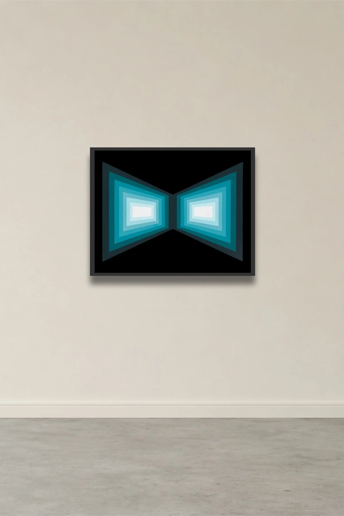 Abstract 3D perspective painting featuring sharp cyan geometric shapes emerging from a stark, dark background
