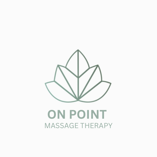 Logo of On Point Massage Therapy with a stylized leaf design above the text.