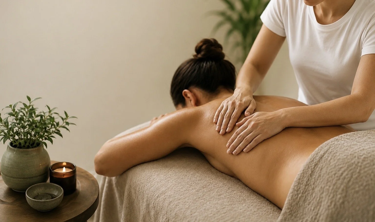 A woman receiving a back massage in a spa-like setting, with a therapist applying pressure on her back, near a table with a potted plant, a candle, and bowls.