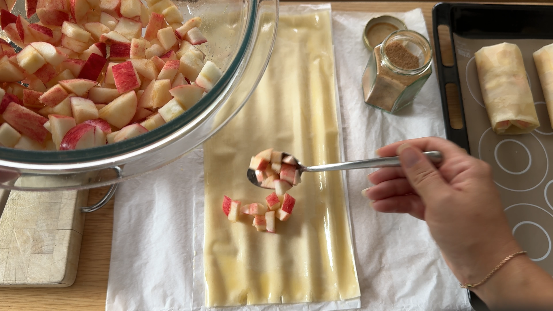 Layer the Apples evenly on the filo dough