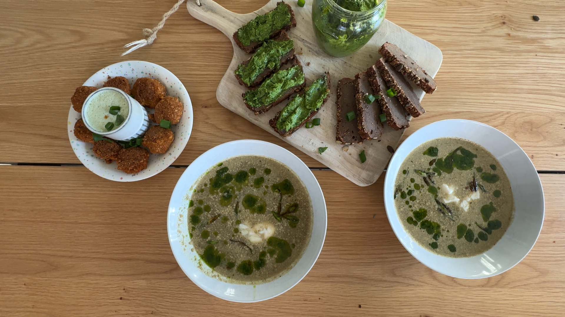 Wild Spring Soup with Okara Nuggets and Green Pesto