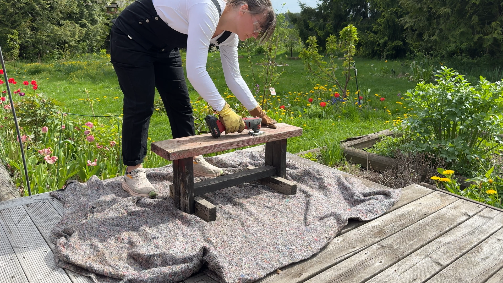 Sanding the Wooden Bench
