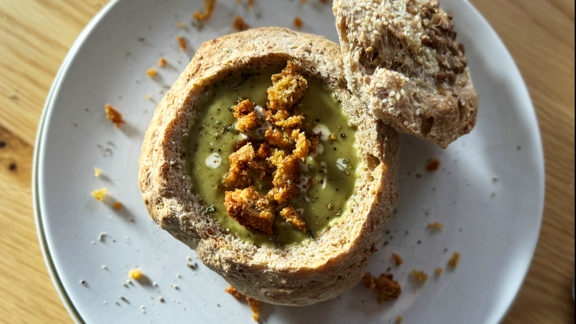 Green Cabbage Soup in bread bowl