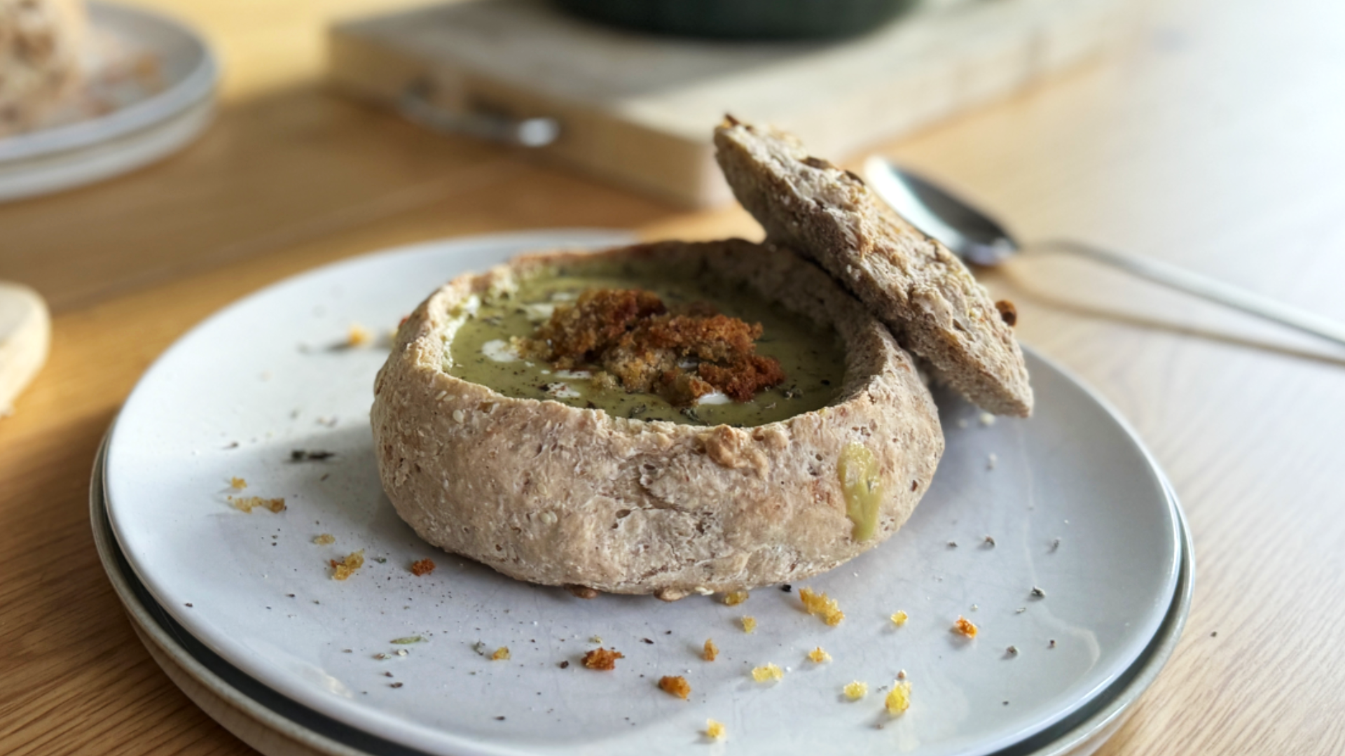 Green Cabbage Soup in homemade bread bowl
