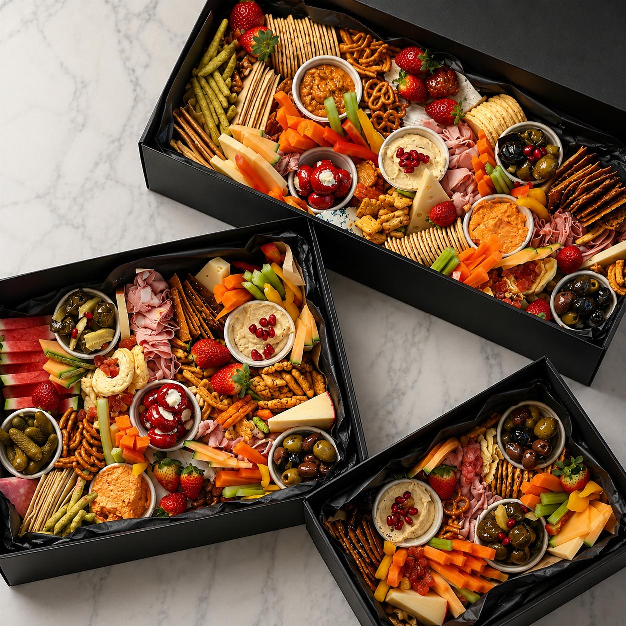 Three black boxes filled with assorted cheeses, fruits, nuts, vegetables, crackers, and dips, arranged on a white marble surface.