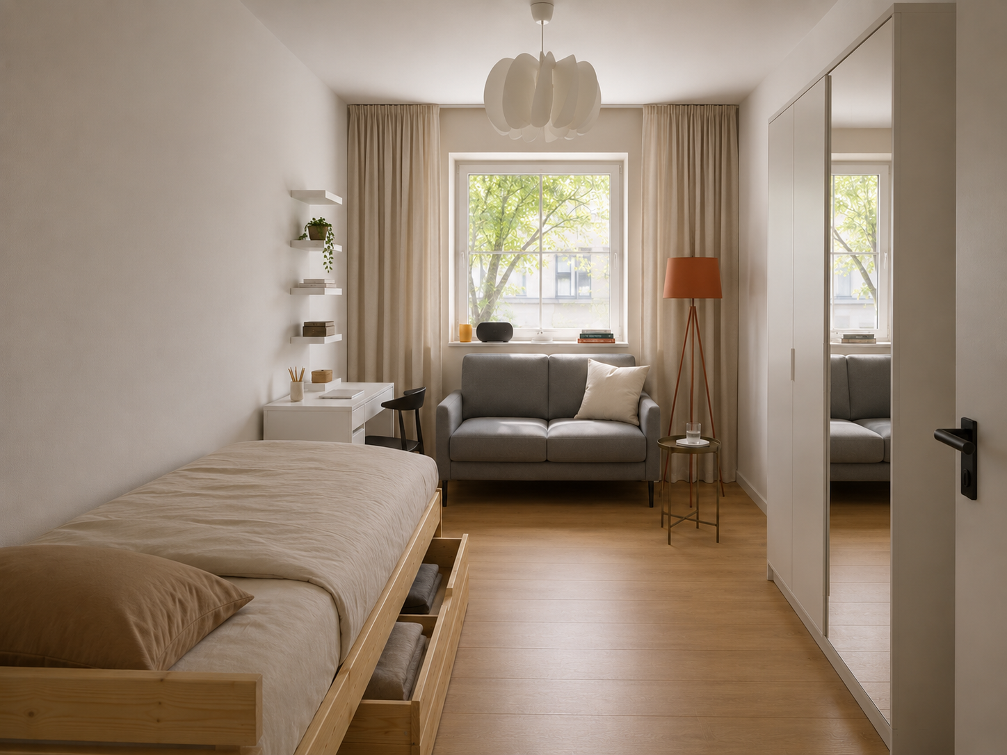 Gemütliches kleineres Schlafzimmer der WG mit Einzelbett, grauem Sofa, Nachttisch, Bücher, Stehlampe, Kleiderschrank, Fenster mit Blick auf Bäume, helle Wandfarbe und Holzboden.