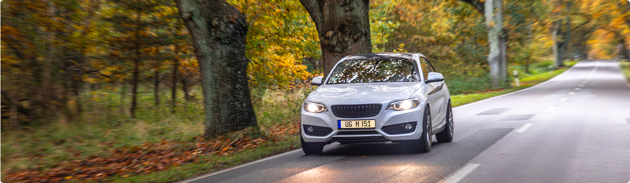 A silver car driving on a rural road with trees and fall foliage on the side.