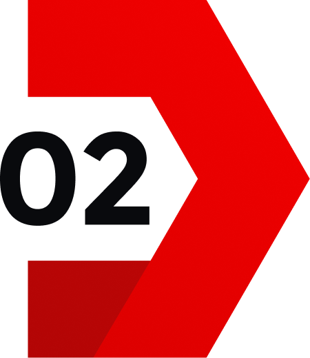 A red background with black and gray text reading '02'.