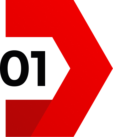 Red background with black and red geometric design and bold text.