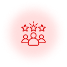 Five red stars above three people icons on a pink circular background.