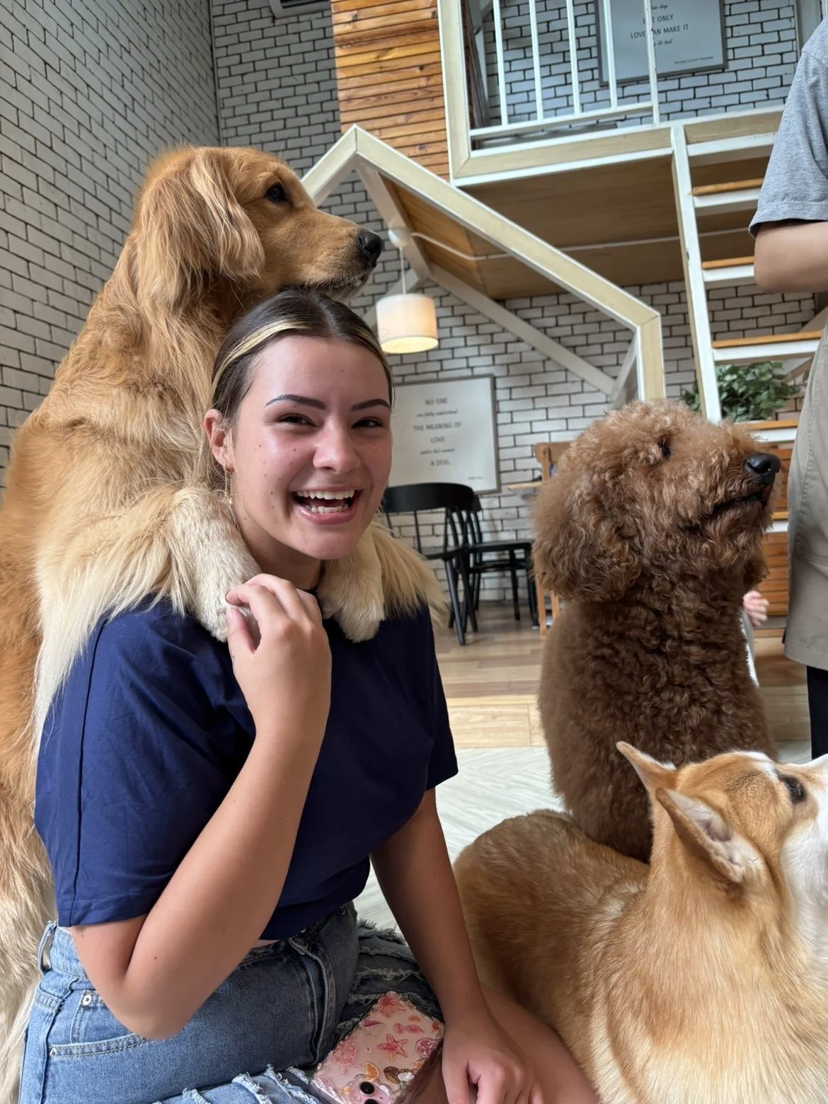 A woman smiling with four dogs around her inside a modern brick and wood dog café.