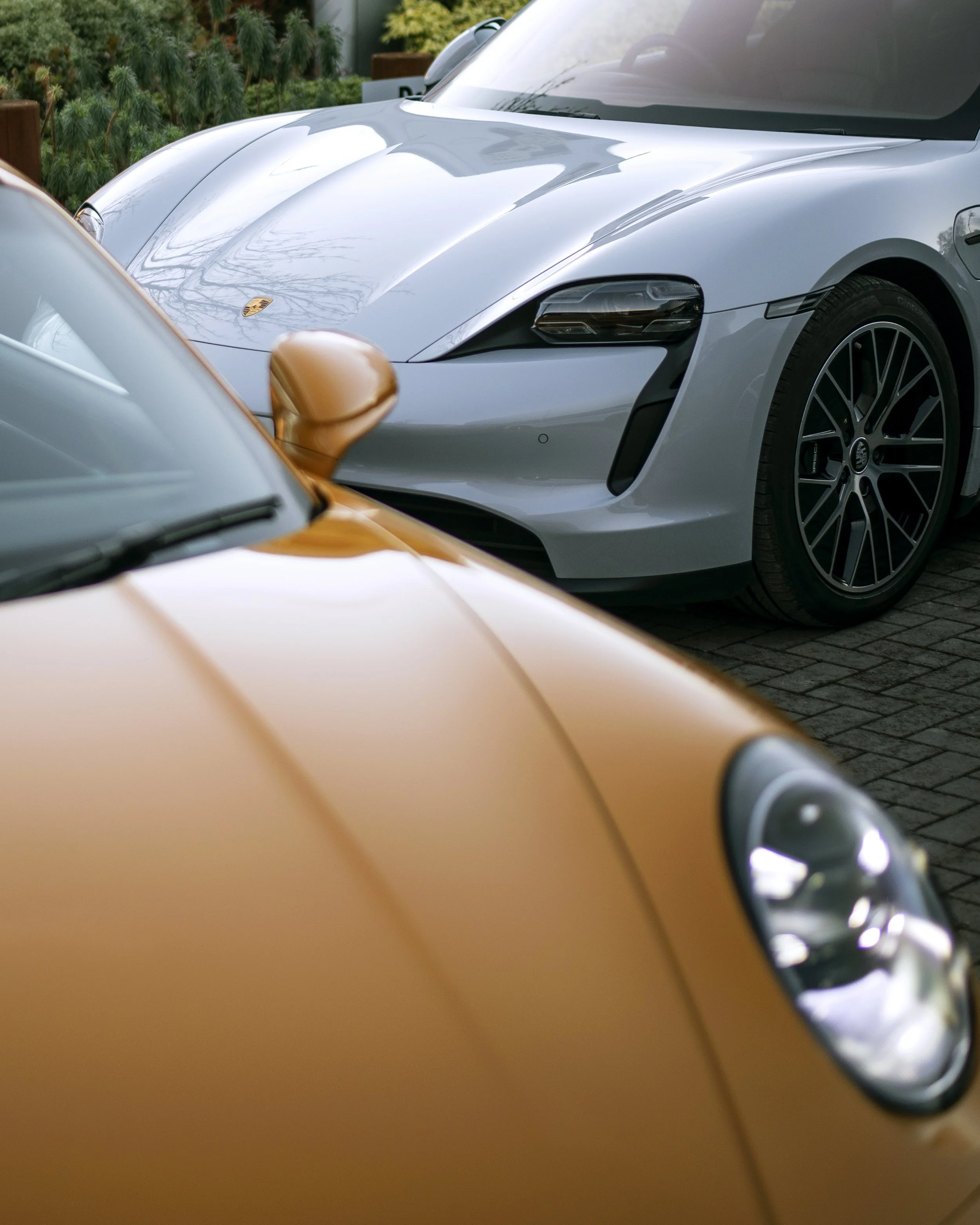 Close-up of a silver Porsche sports car with a focus on the front end, showing sleek headlights and a distinctive hood emblem, parked on a brick driveway with lush green plants in the background.