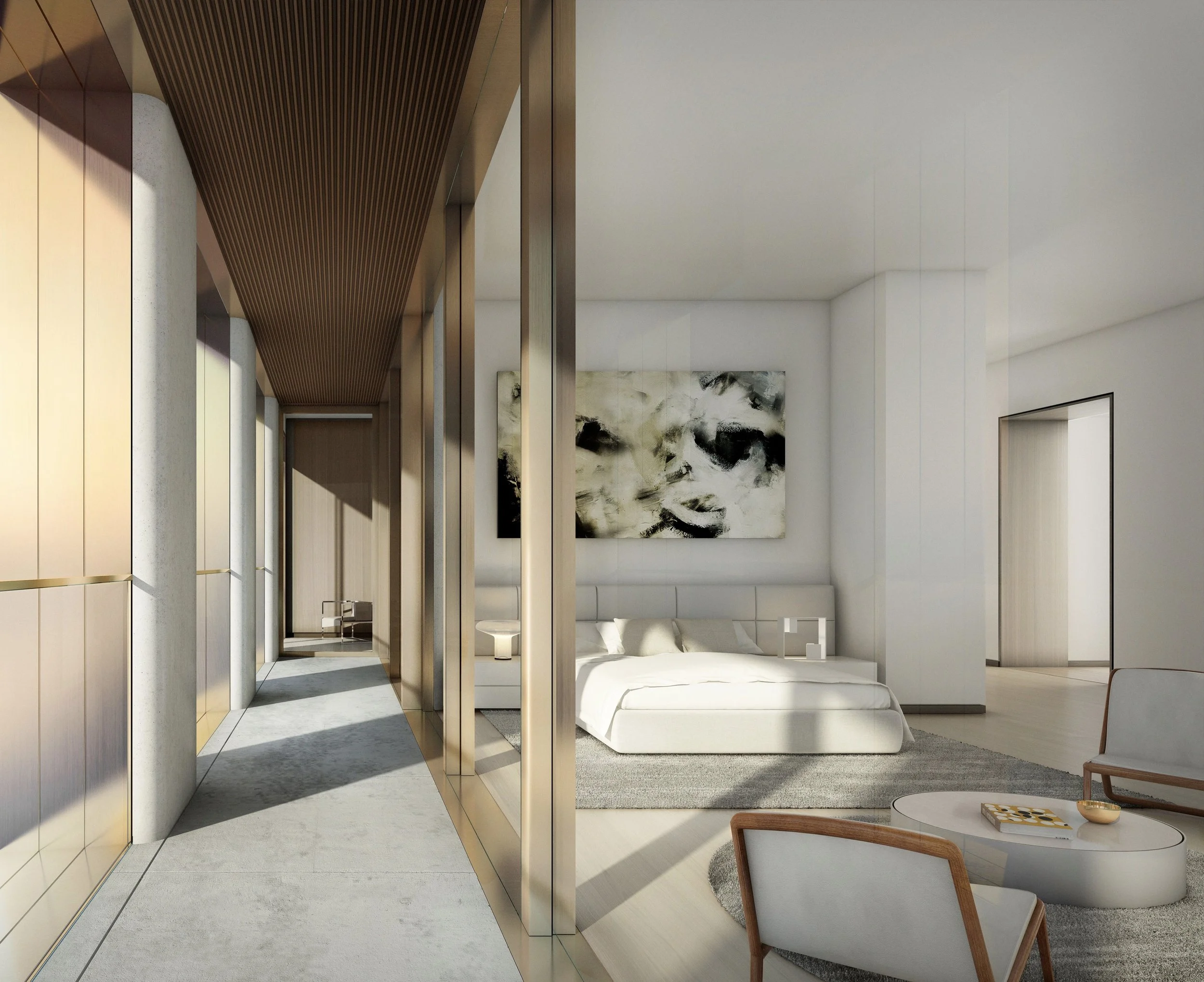 Modern bedroom with white bed, abstract black and white painting on the wall, circular side table with book, wooden chair with upholstered seat, and wooden slatted ceiling.