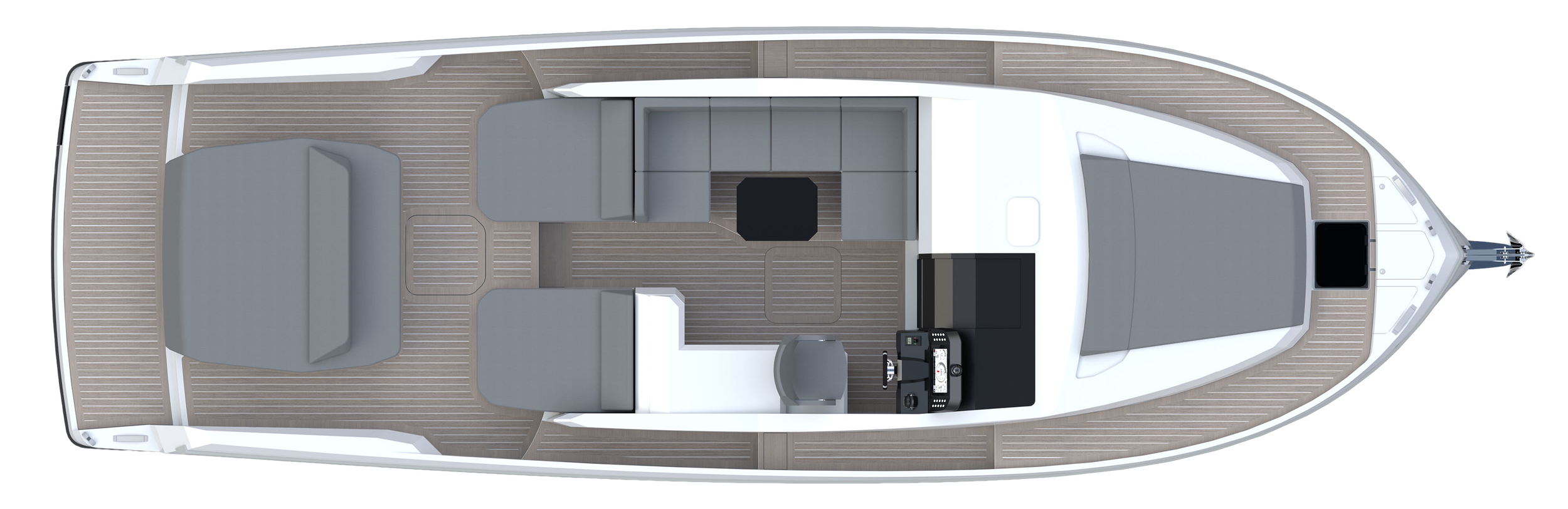 Top-down view of a yacht's deck featuring gray seating, a small table, and navigation controls.