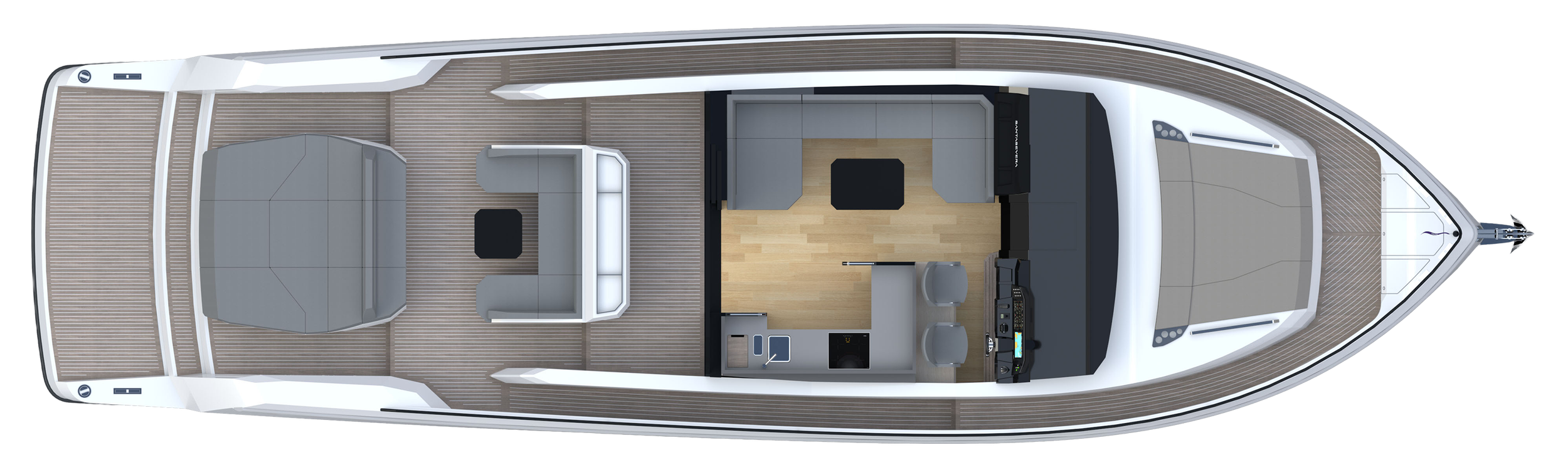 Top-down view of the interior layout of a yacht showing a helm station, seating areas, a small kitchen, and a lounge with a table.