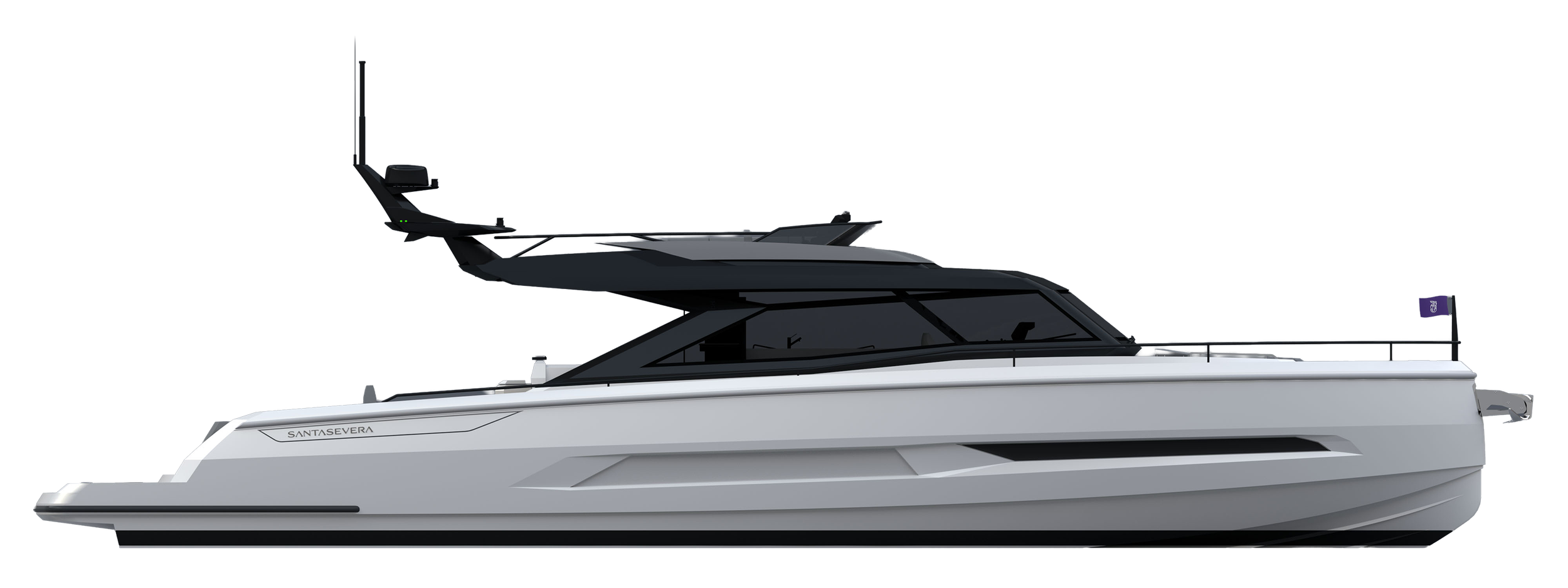 A modern luxury yacht with a sleek white and black exterior, featuring large windows and a spacious deck, named 'Santasevera'.