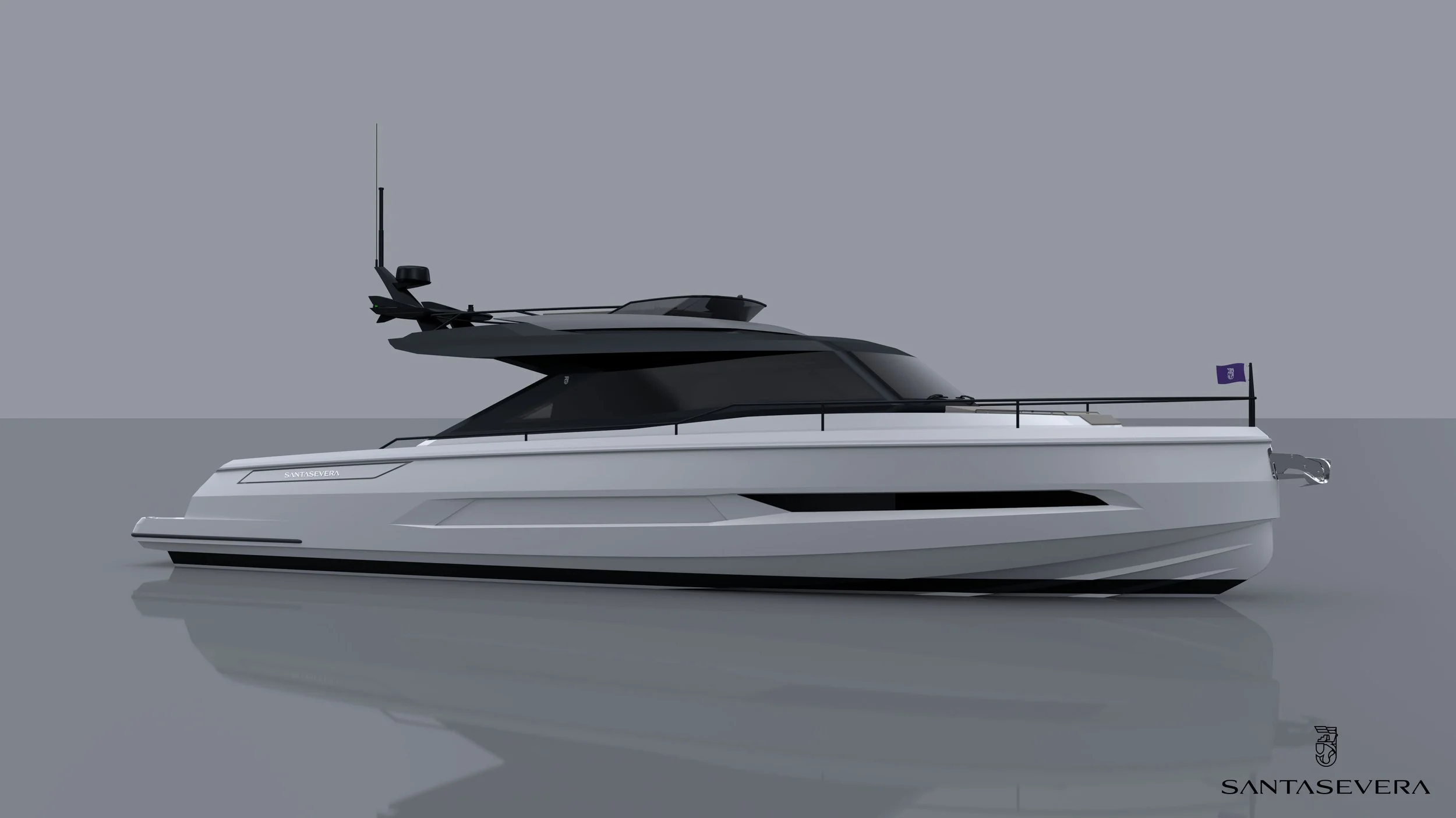 Side view of a modern yacht with a sleek white hull and dark tinted windows, named 'SANTASEVERA' with two antennas and a small flag at the stern, on calm water against a plain gray background.