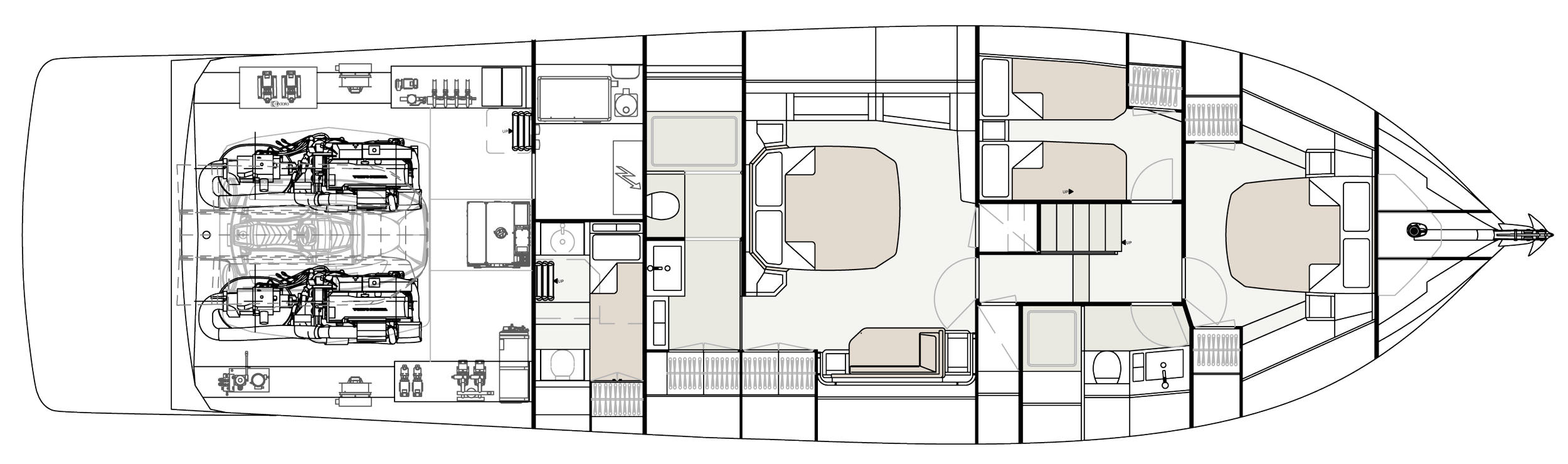Floor plan of a yacht showing living areas, bedrooms, bathrooms, and engine room.