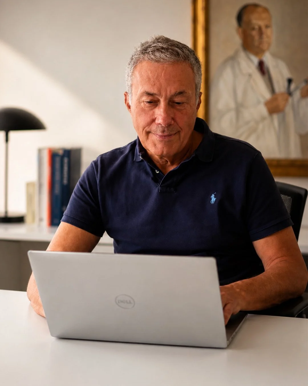 A man with gray hair sitting at a desk, looking at a silver Dell laptop. Behind him is a framed portrait of a doctor wearing a white coat and holding a stethoscope.