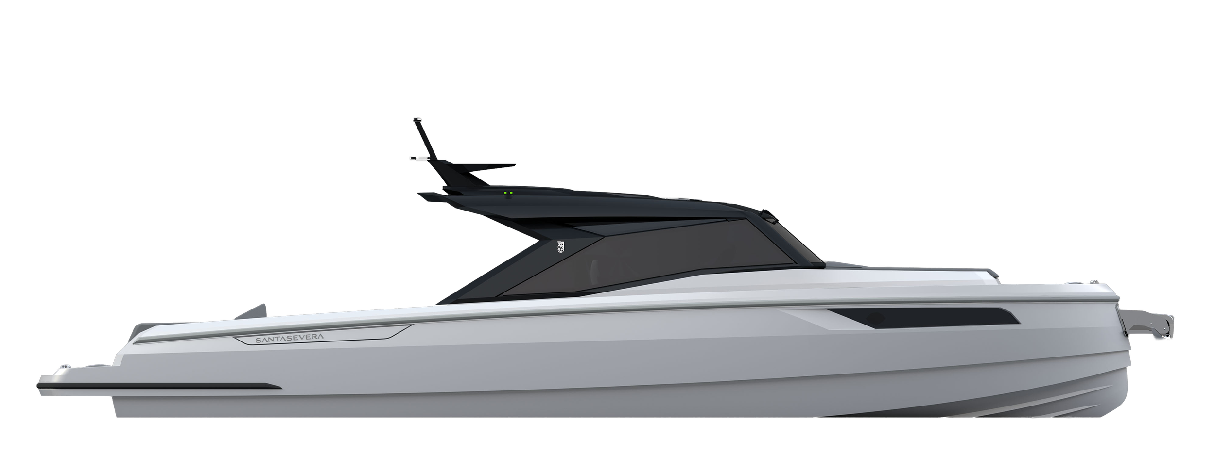 Side view of a modern luxury yacht named Santasevera with sleek white and black design.