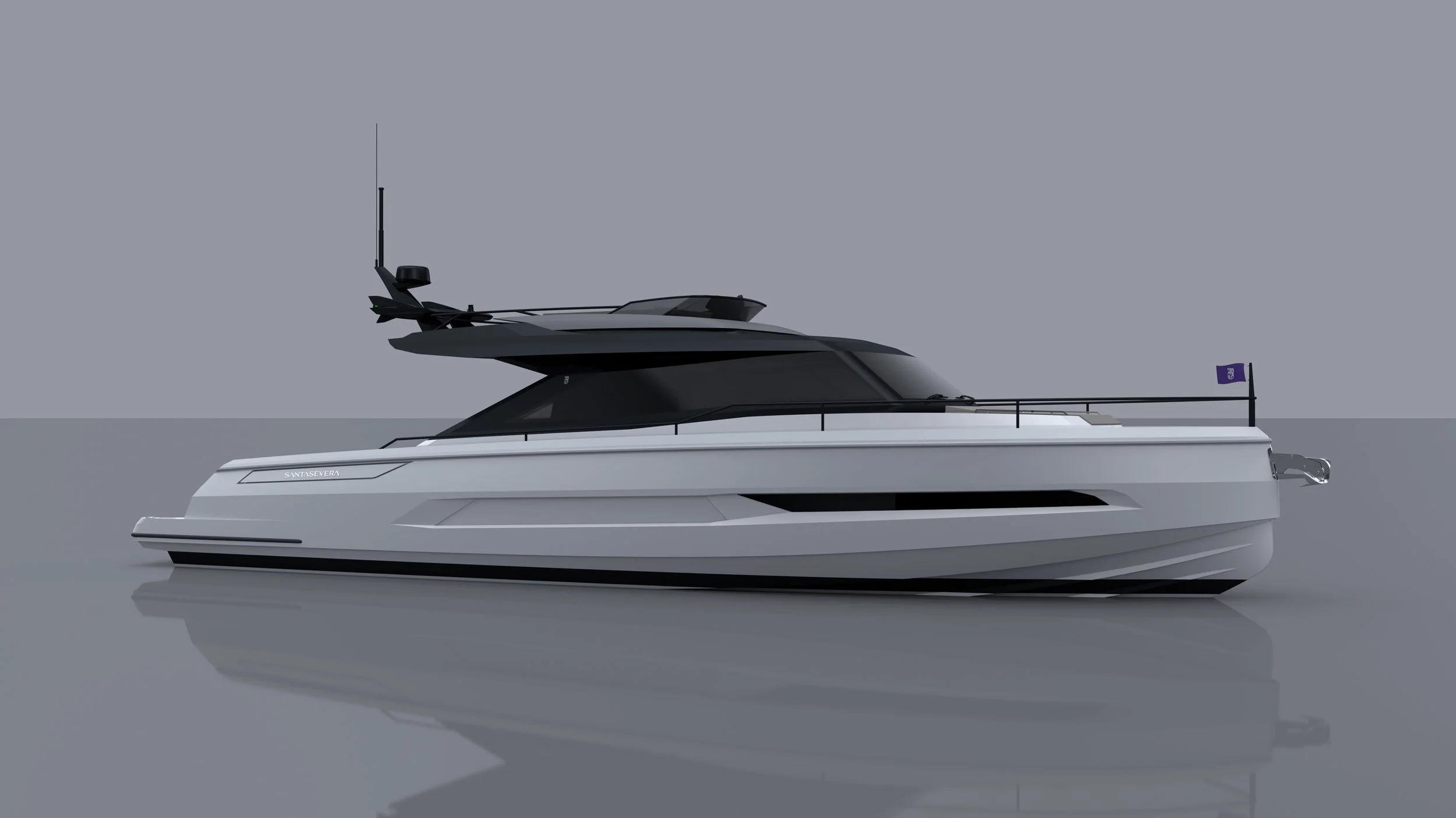 Side view of a modern luxury yacht with a sleek black and white design, featuring a spacious deck, tinted windows, and a flag at the stern, set against a neutral gray background.