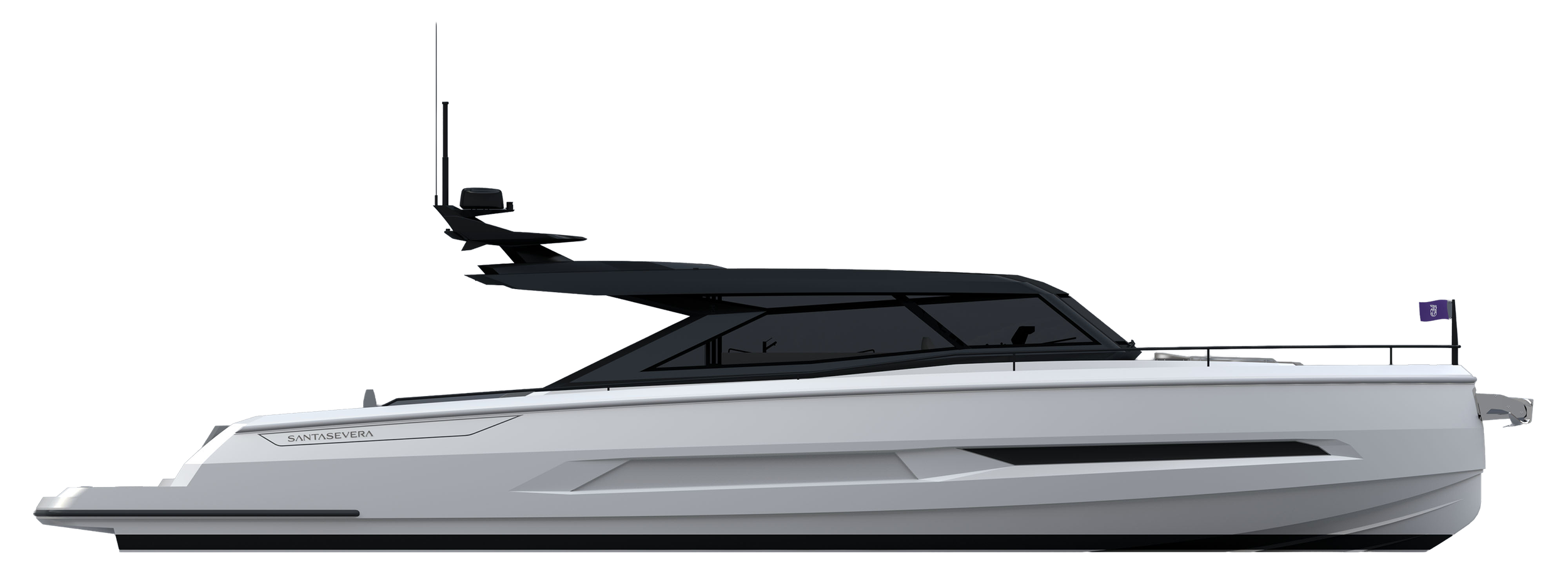 Side view of a modern yacht labeled 'SantaSevera' with a white hull and dark black windows and upper deck.