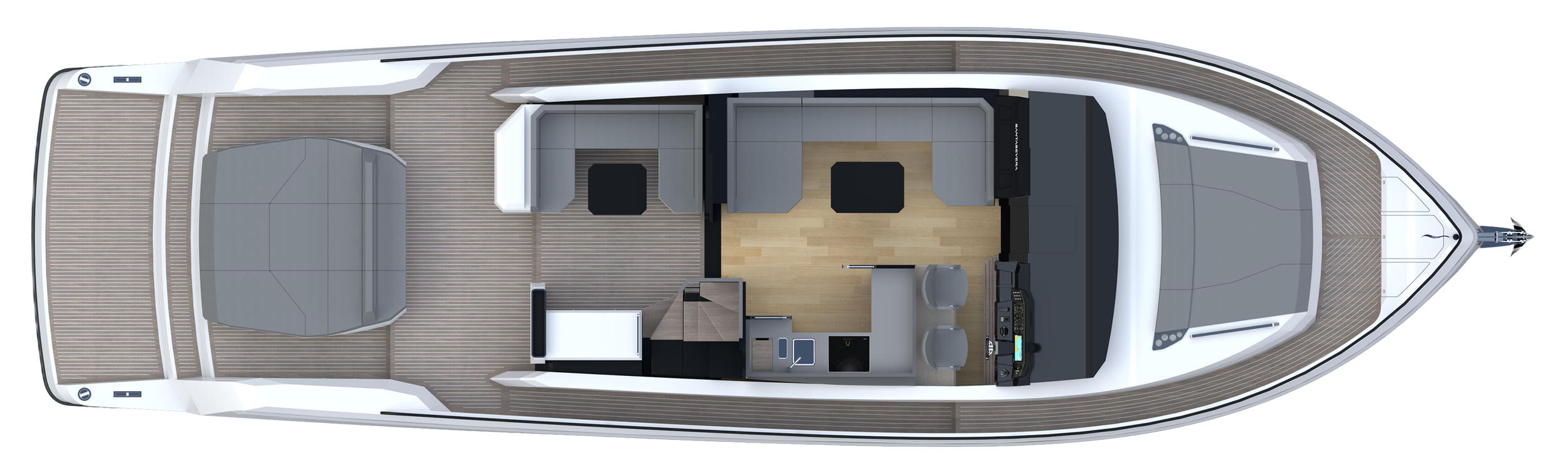 Top view of a yacht's interior, showing the helm with navigation controls and seating, a small kitchen with sink and stove, a living area with sofas and a table, and a forward deck space.