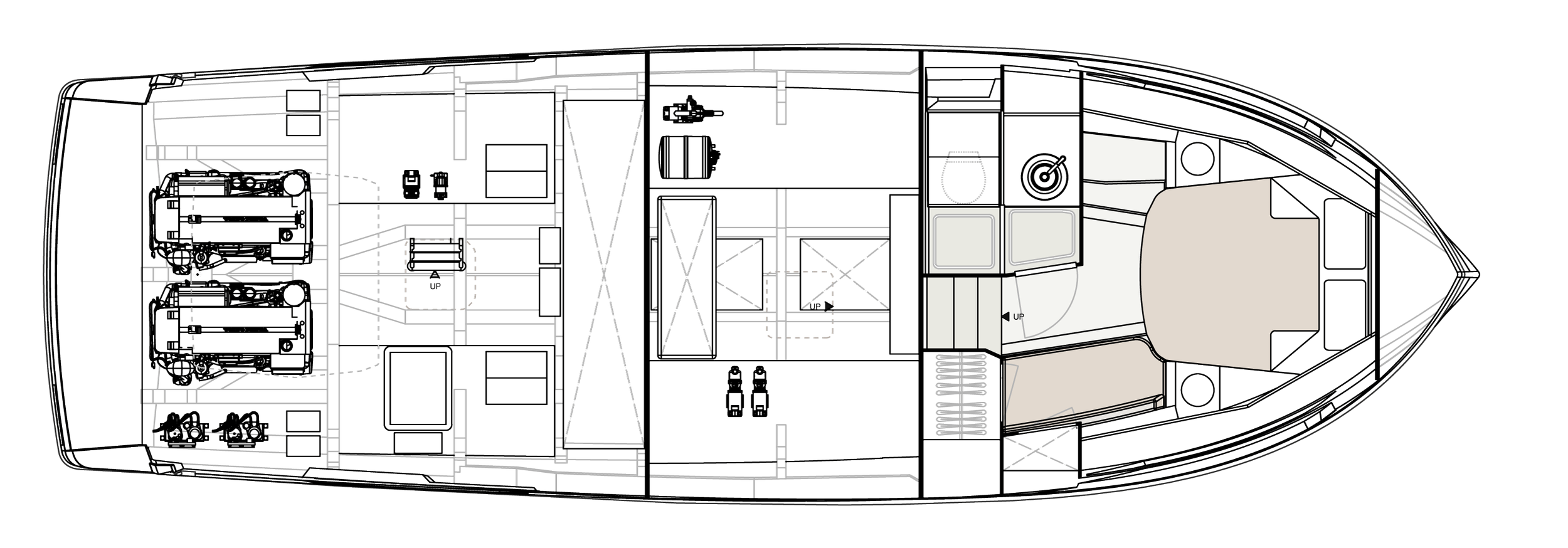 Diagram of a boat showing detailed interior layout including engine compartments, living areas, and storage spaces.