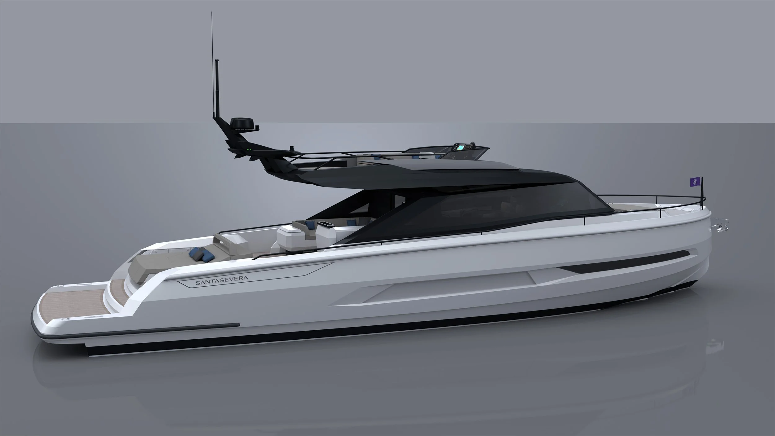 A modern luxury yacht with a sleek white body and black upper structure, named Santasevera, floating on calm water.