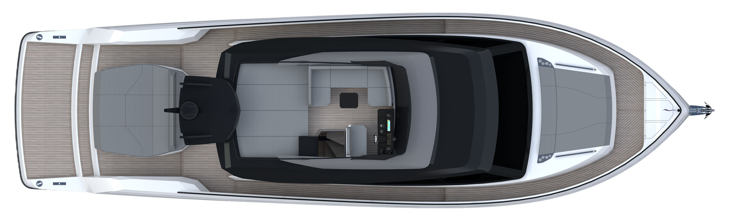 Top-down view of a luxury yacht with a spacious deck, helm station, seating area, and modern interior.