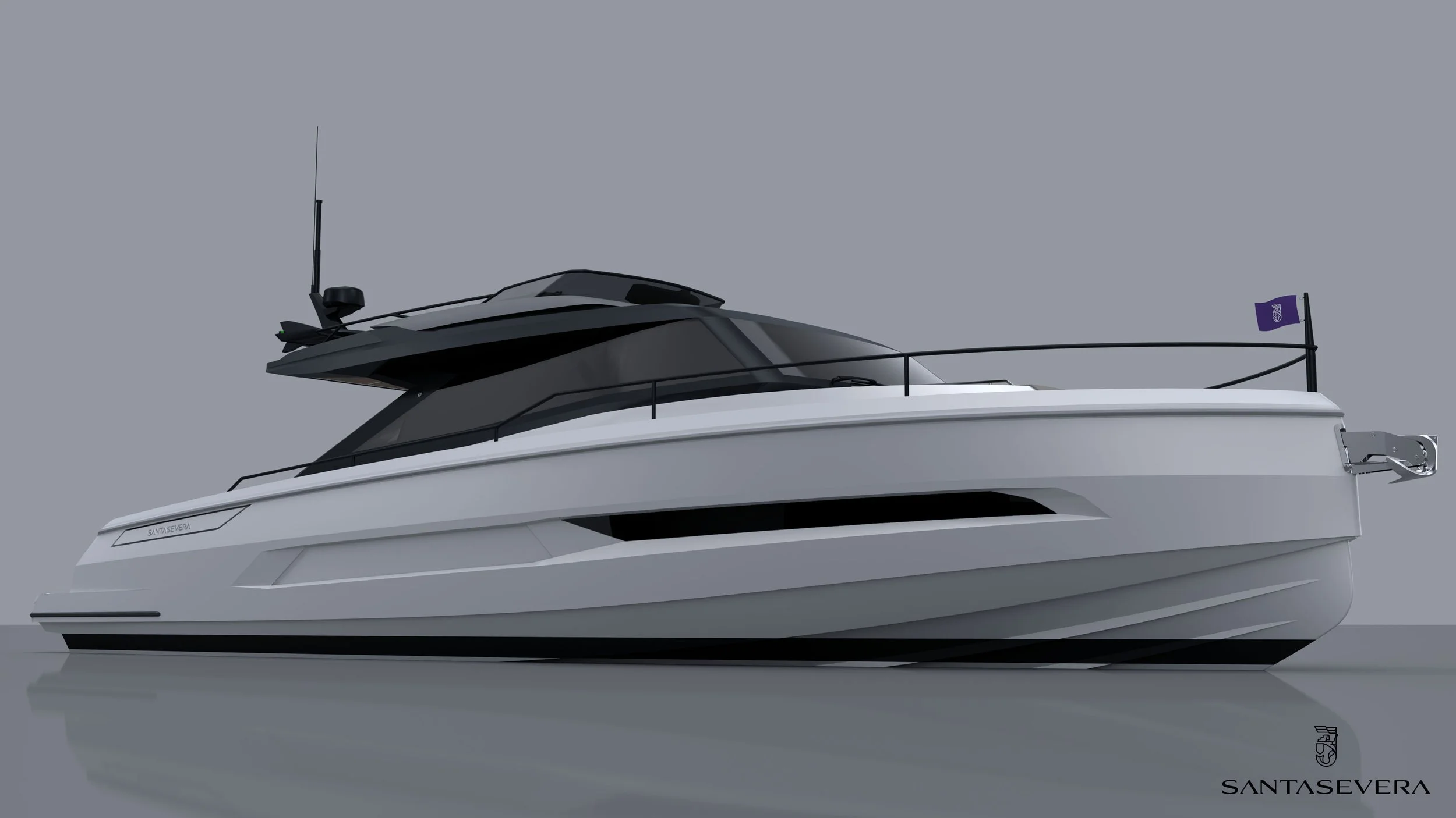 Side view of a sleek, modern luxury yacht with a white hull and dark superstructure, featuring a small flag at the bow, and the brand name 'SANTASEVERA' on the hull.