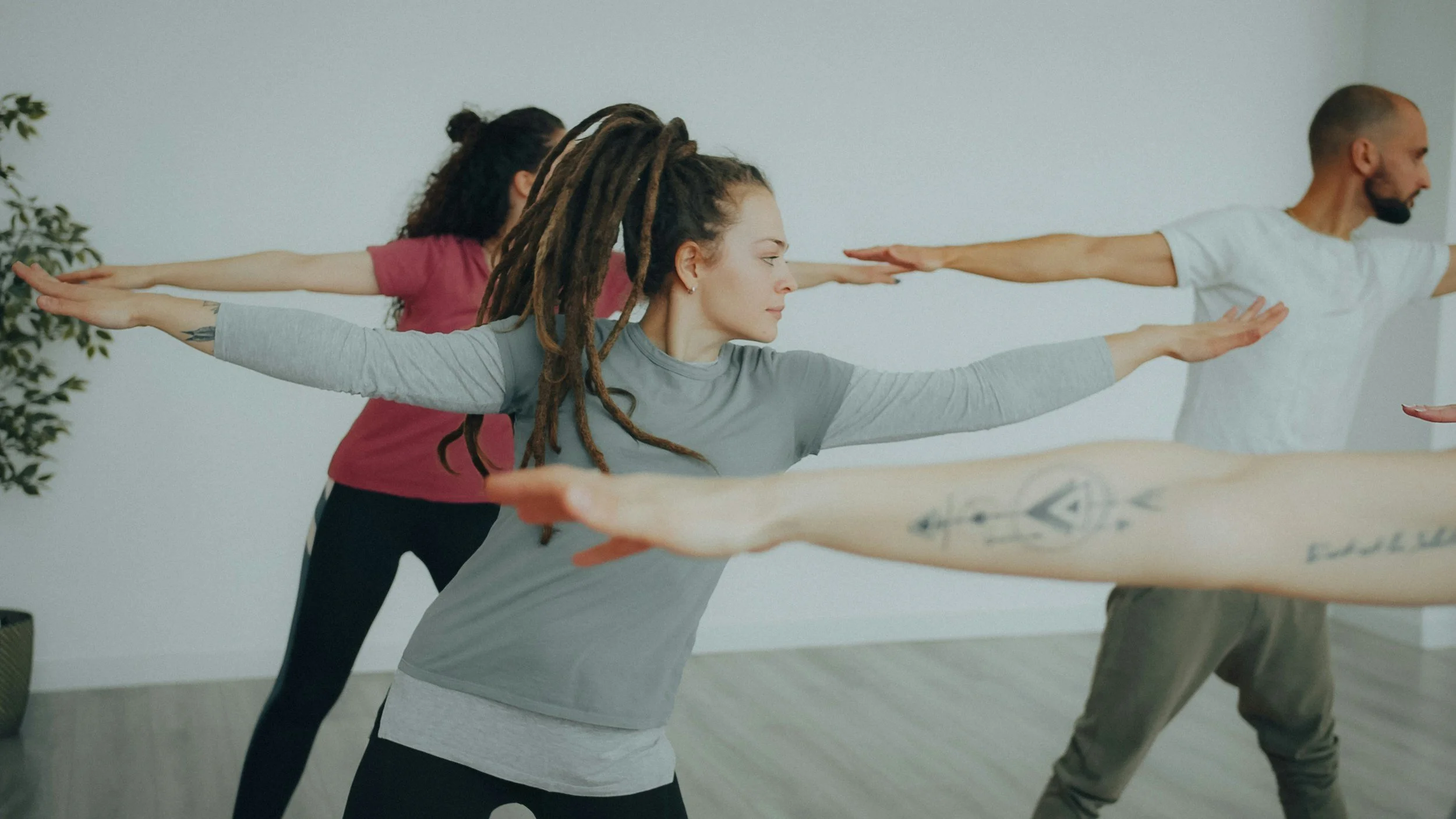 Group of diverse people practicing yoga in a studio, standing with arms extended parallel to the floor.