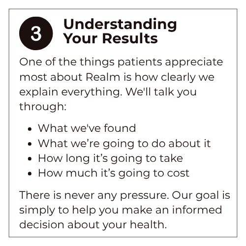 A digital screen displaying section 3 titled 'Understanding Your Results' with bullet points about explaining findings, actions, duration, and costs, emphasizing no pressure and informed health decisions.