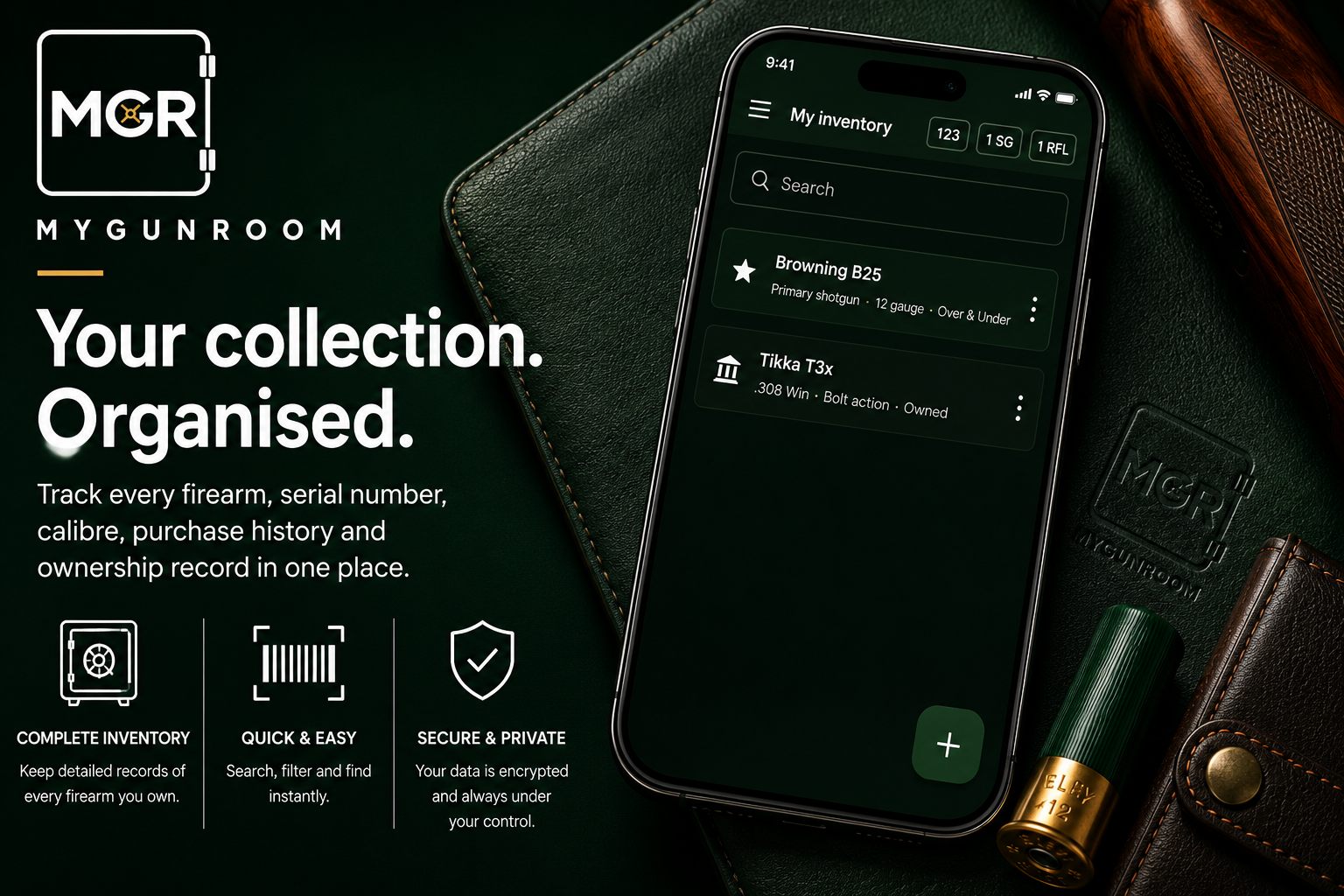 Promotional image for MYGUNROOM app showing a smartphone with gun inventory and logo, alongside firearm and ammunition accessories on a dark surface.