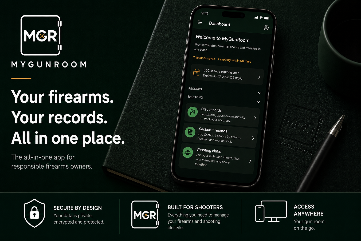 Promotional graphic for the MyGunRoom app featuring a smartphone displaying the app interface, a black notebook with the MGR logo, a black cup, and a pen, with text highlighting the app's features for firearm owners such as firearm records, shooting 