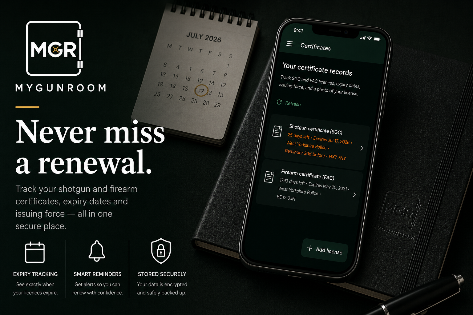 A smartphone displaying a digital certificate tracking app with firearm licenses, a calendar set to July 17, 2026, a notebook, and a black MGR notebook with the MY GUN ROOM logo.