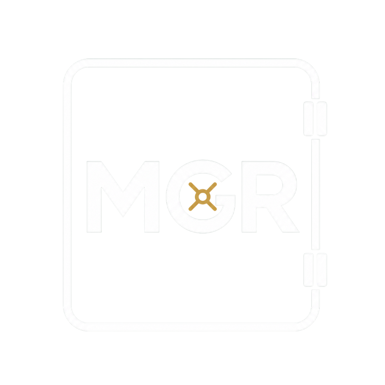 MGR Logo with a white primary colour and gold vault handle centered inside the G